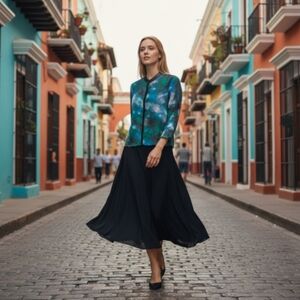 ​Elie Tahari 100% Silk Blouse Lamb Leather Trim Teal Blue Abstract Print Top